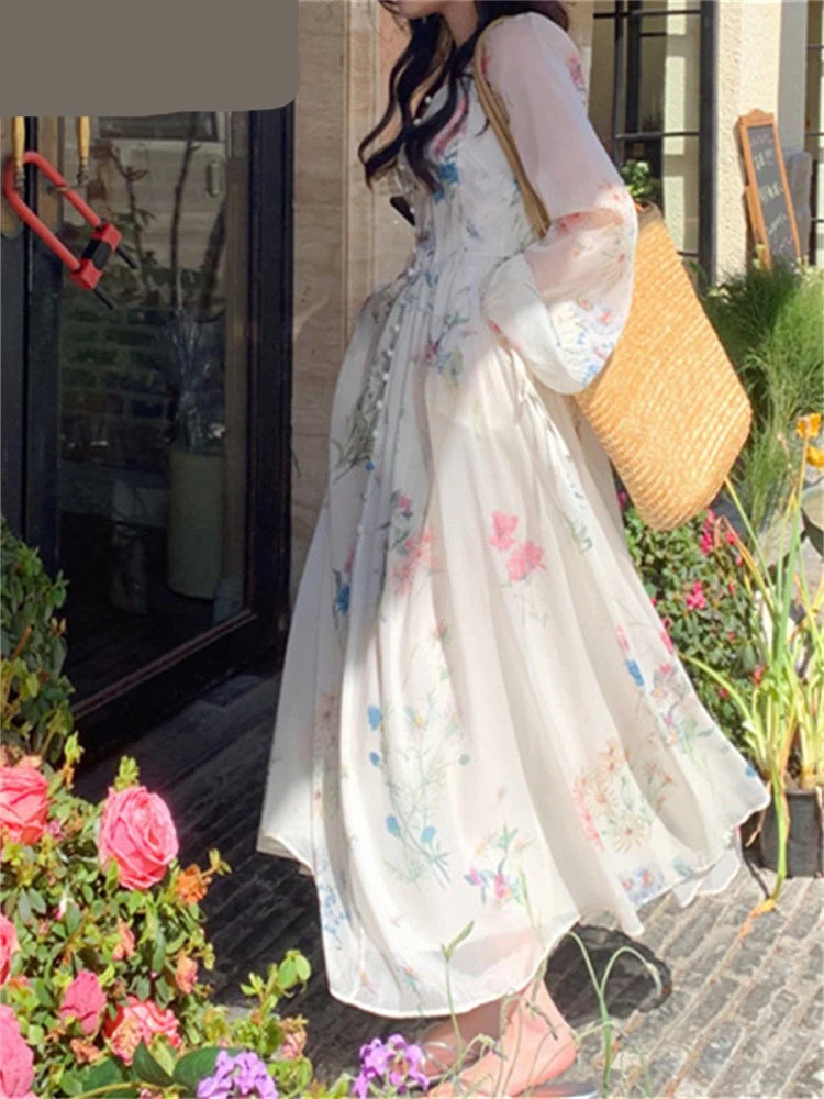 Hulianfu Print Midi Dresses for Women 2026  Fairycore Square Collar Long Sleeve Vintage Dress New Fashion Elegant Party Dresses - Deanwangkt