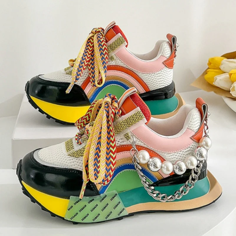 hulianfu New Lace Up Iridescent Pearl Chain Decorative Women's Vulcanized Shoes Women's Platform Sneakers  Zapatos De Mujer  Women Shoes - Deanwangkt