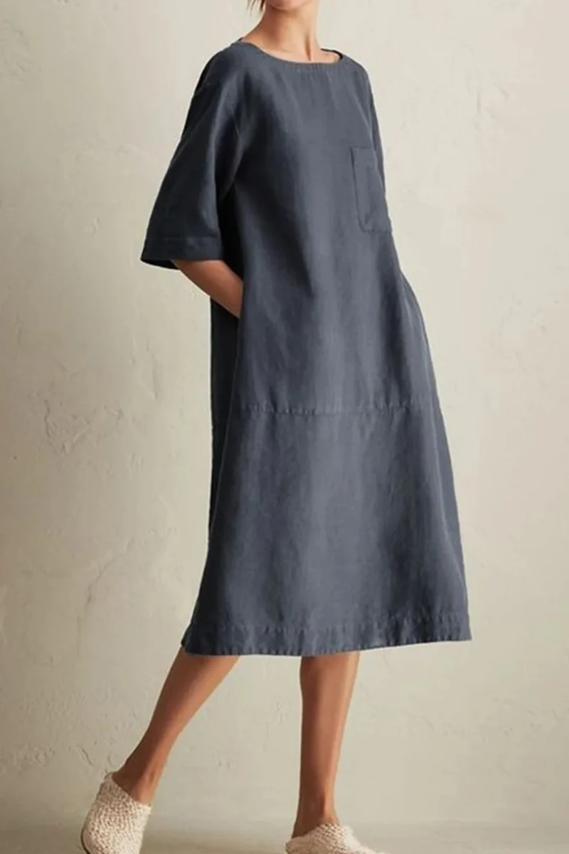 hulianfu - Casual Solid Patchwork Pocket O Neck A Line Dresses(6 Colors) - Deanwangkt