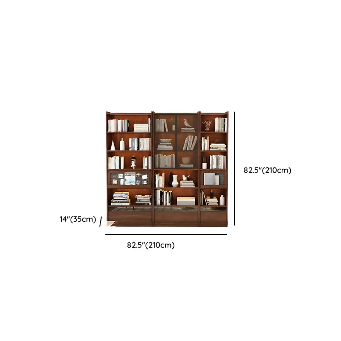 Mid Centyury Tall Brown Vertical Wood Bookcase with Drawers