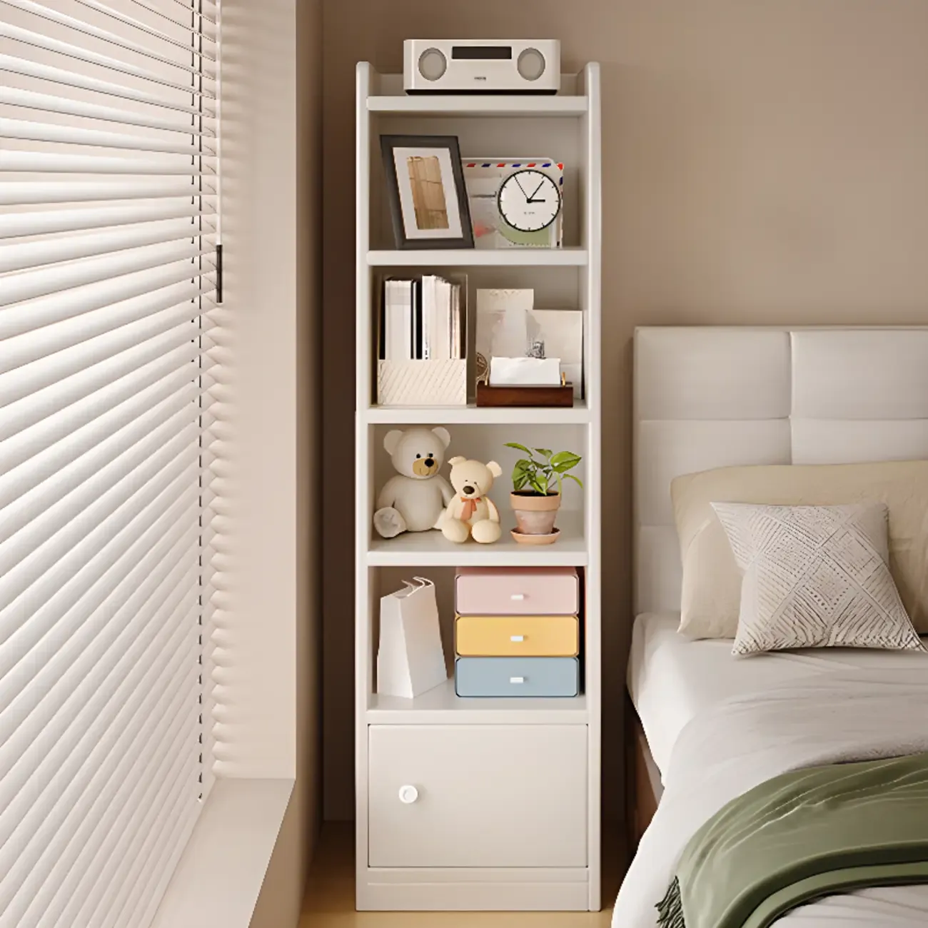 Narrow 6-Shelf White Wooden Bookcase with Cabinet
