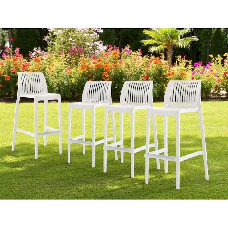 HomeRoots Set of Four 30  White Heavy Duty Plastic Low Back Outdoor Bar Height Chairs
