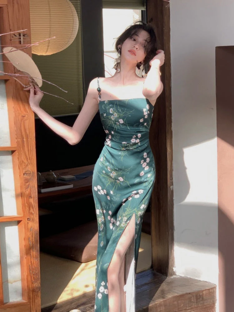 Hulianfu Women Slash Neck Sexy Strapless Retro Green Printing Elegant Temperament Fitting Suspender Slit Bodycon Long Midi Dress Summer - Deanwangkt