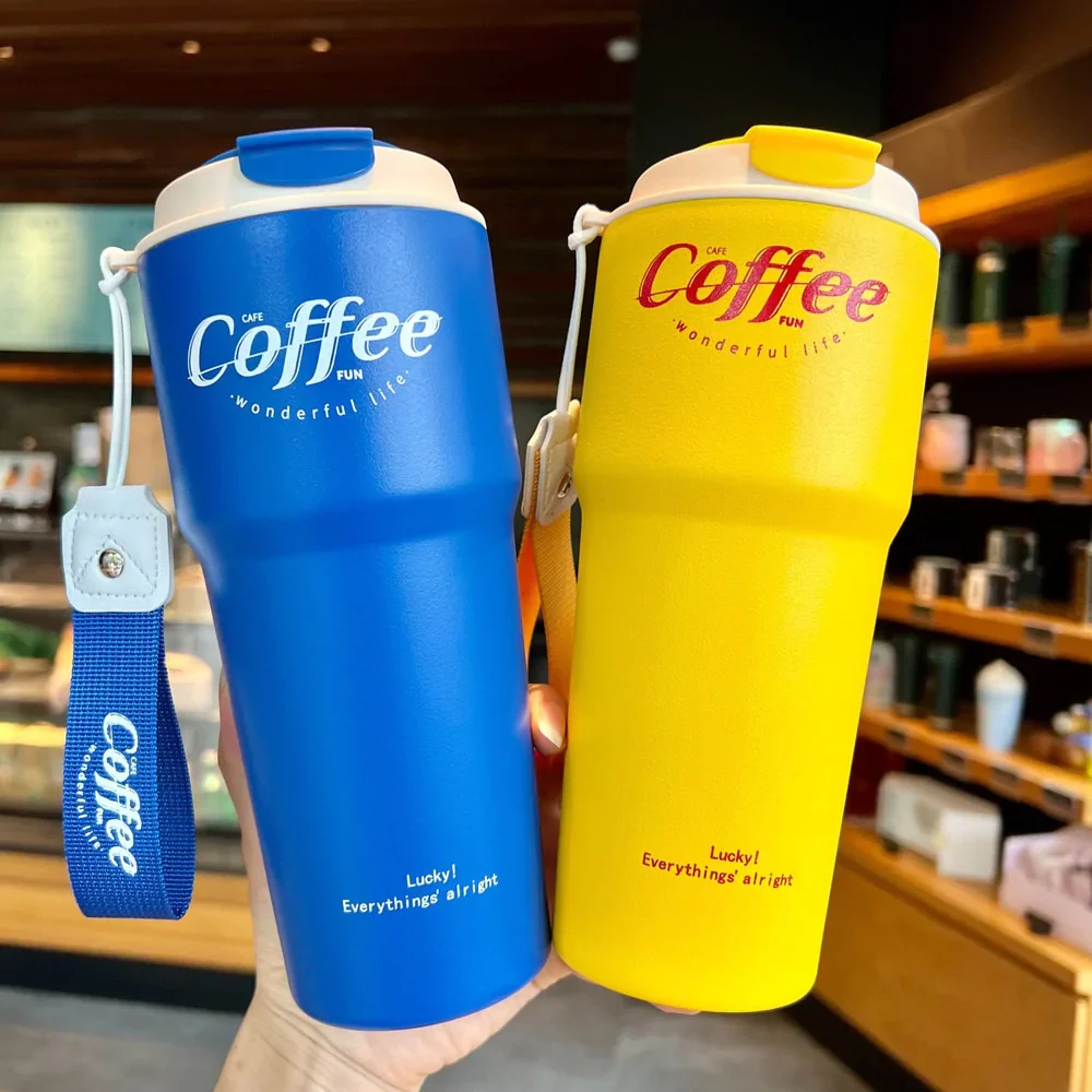 HULIANFU New Fashion 420ml/620ml Double Stainless Steel Coffee Mug Wtih Rope Portable Car Thermos Mug Vacuum Flask Travel Tumbler - Deanwangkt