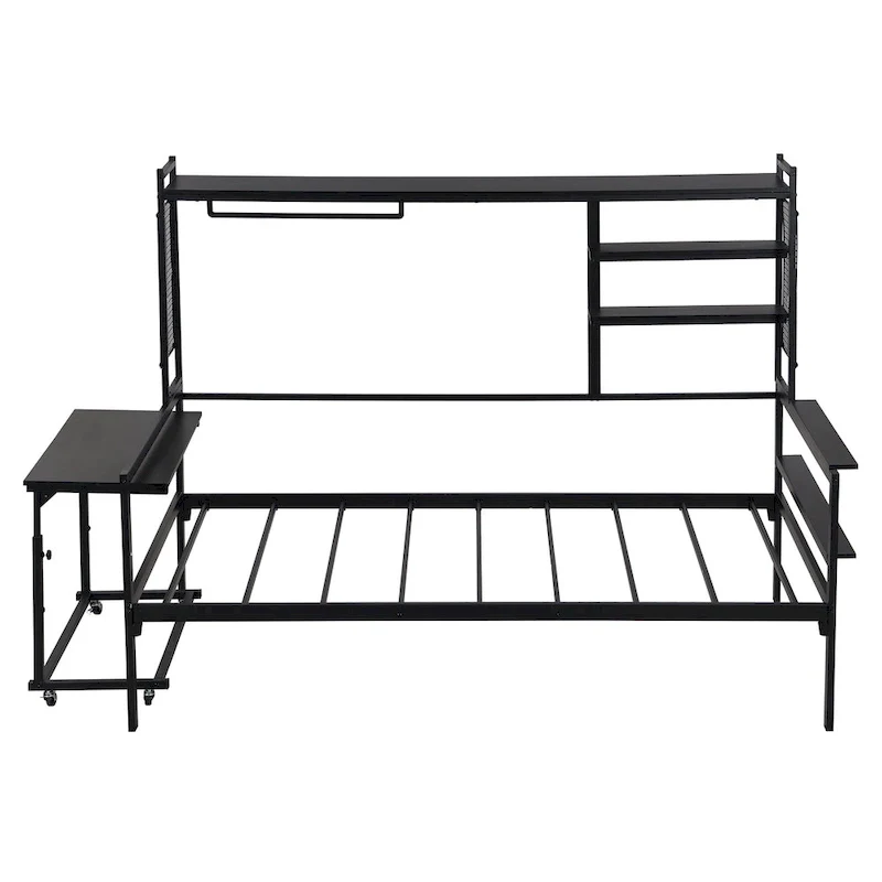 Versatile Daybed with Movable Desk, Metal Sofa Bed Frame with Metal Grid, Shelves and Clothes Hanger, No Box Spring Needed