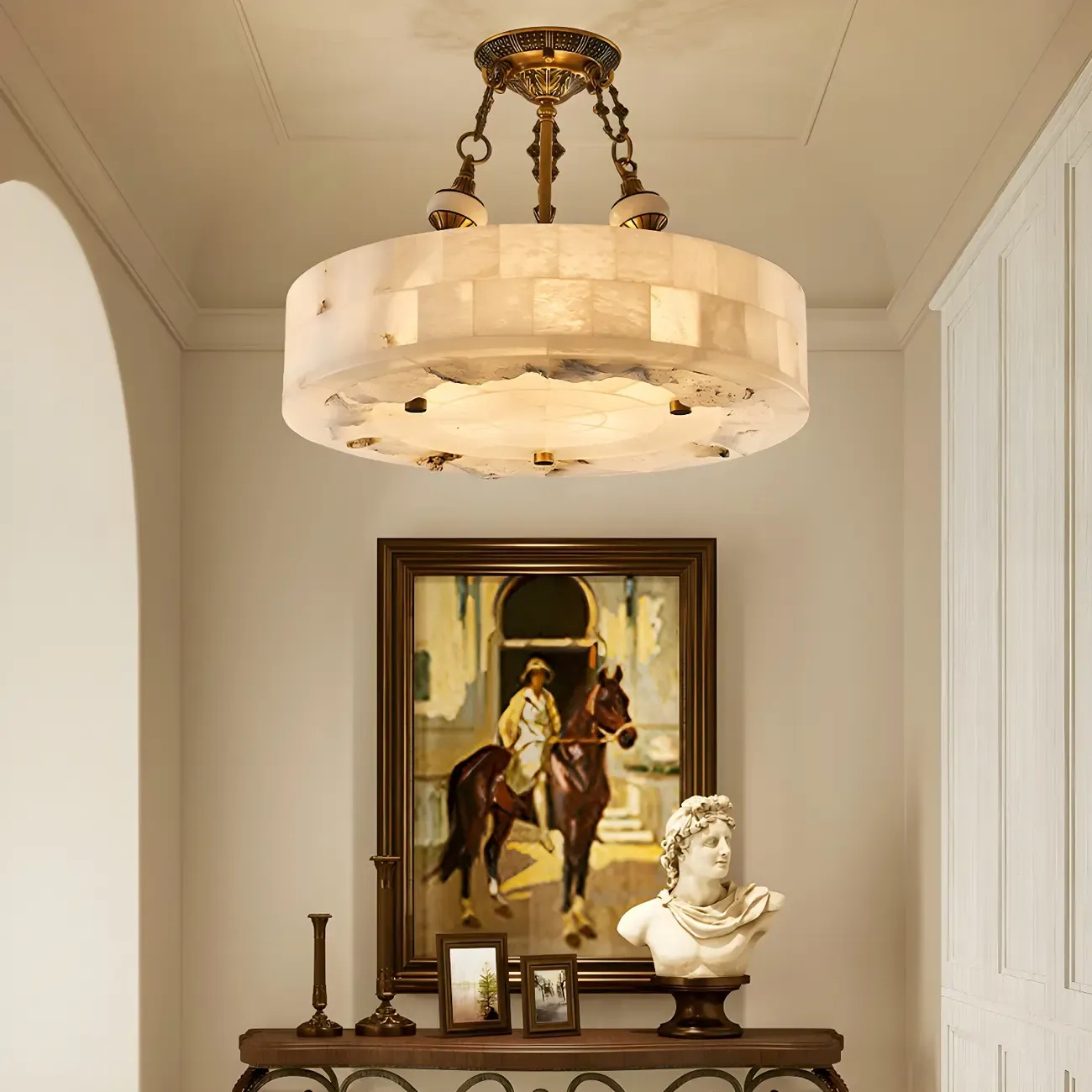 Luxurious Gold Alabaster Cylindrical Chandelier