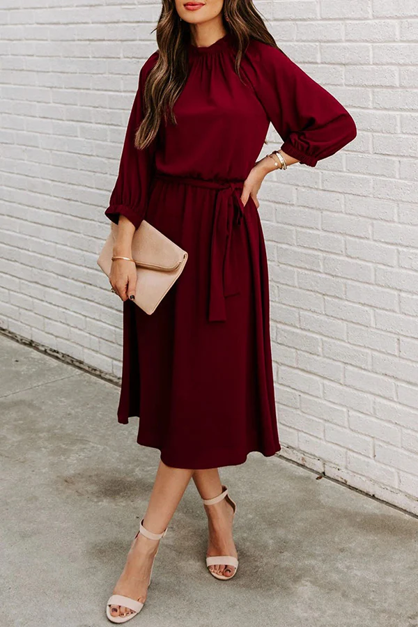 hulianfu Casual Solid Patchwork With Belt O Neck Waist Skirt Dresses - Deanwangkt