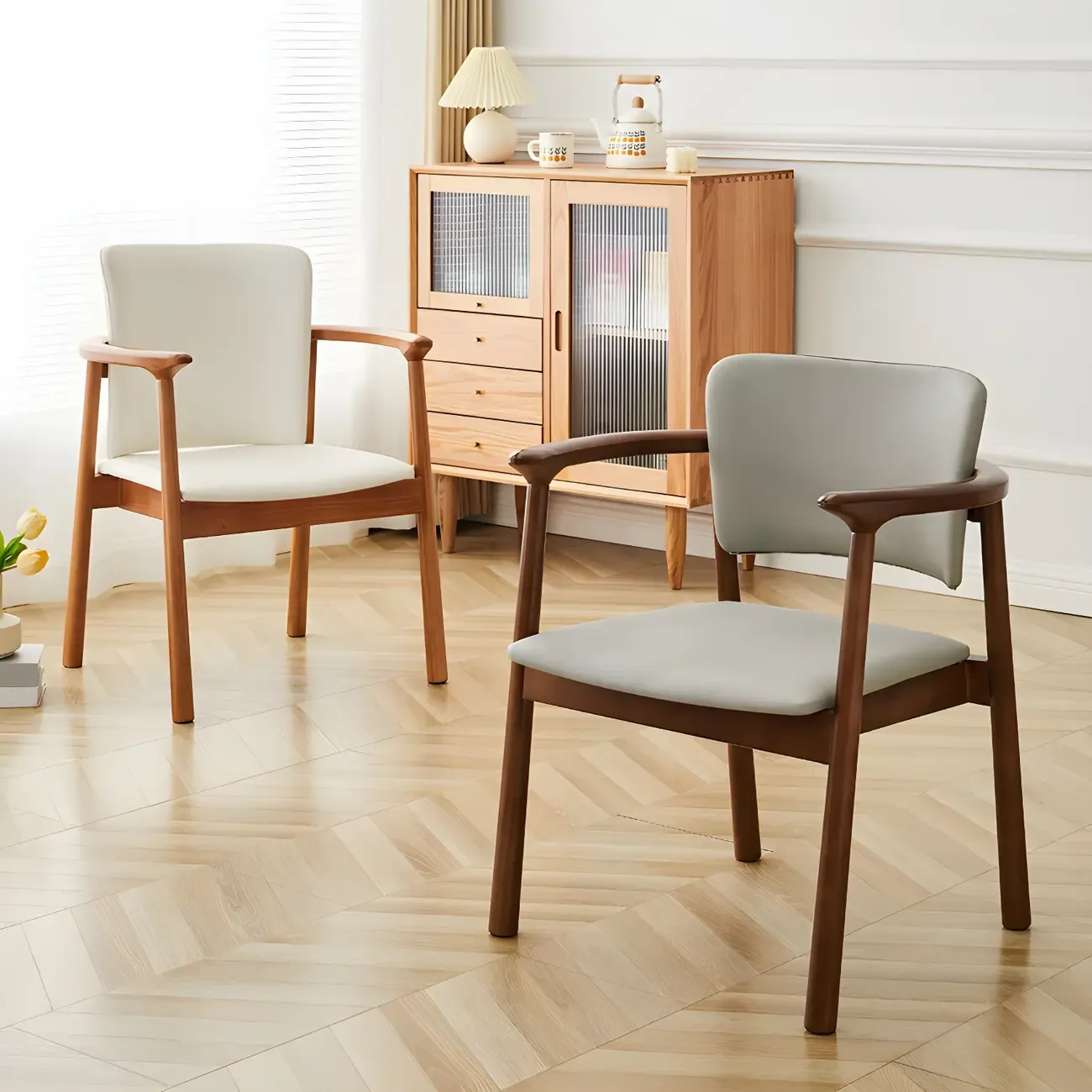 Modern Upholstered Rubberwood Arm Dining Chair Set of 2