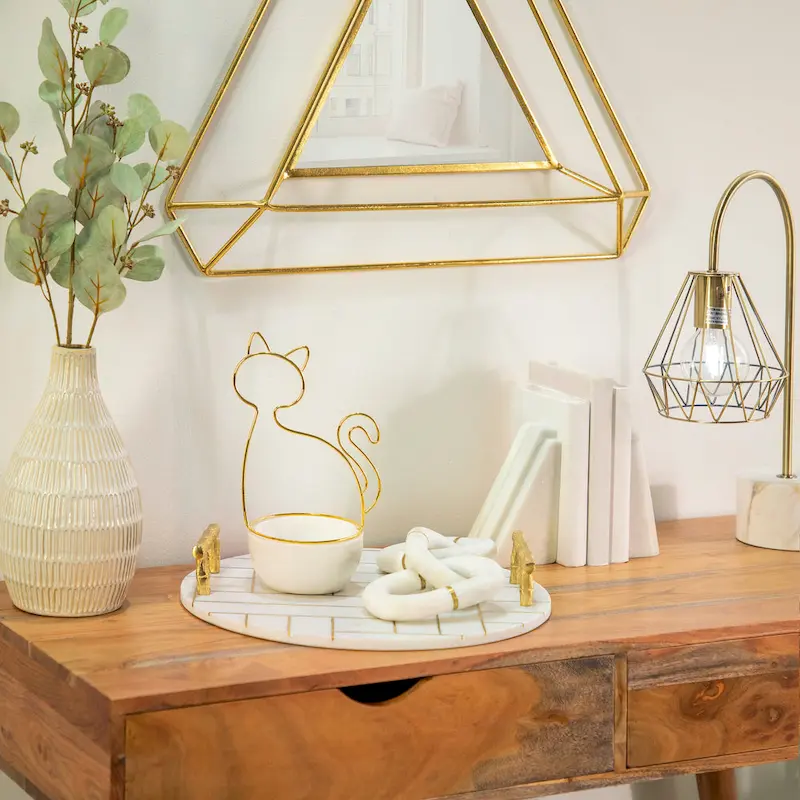 Sagebrook Home 10  Ceramic Cat Trinket Tray in White and Gold, Cat Shaped Jewelry Holder, Great Gift for Cat Lovers