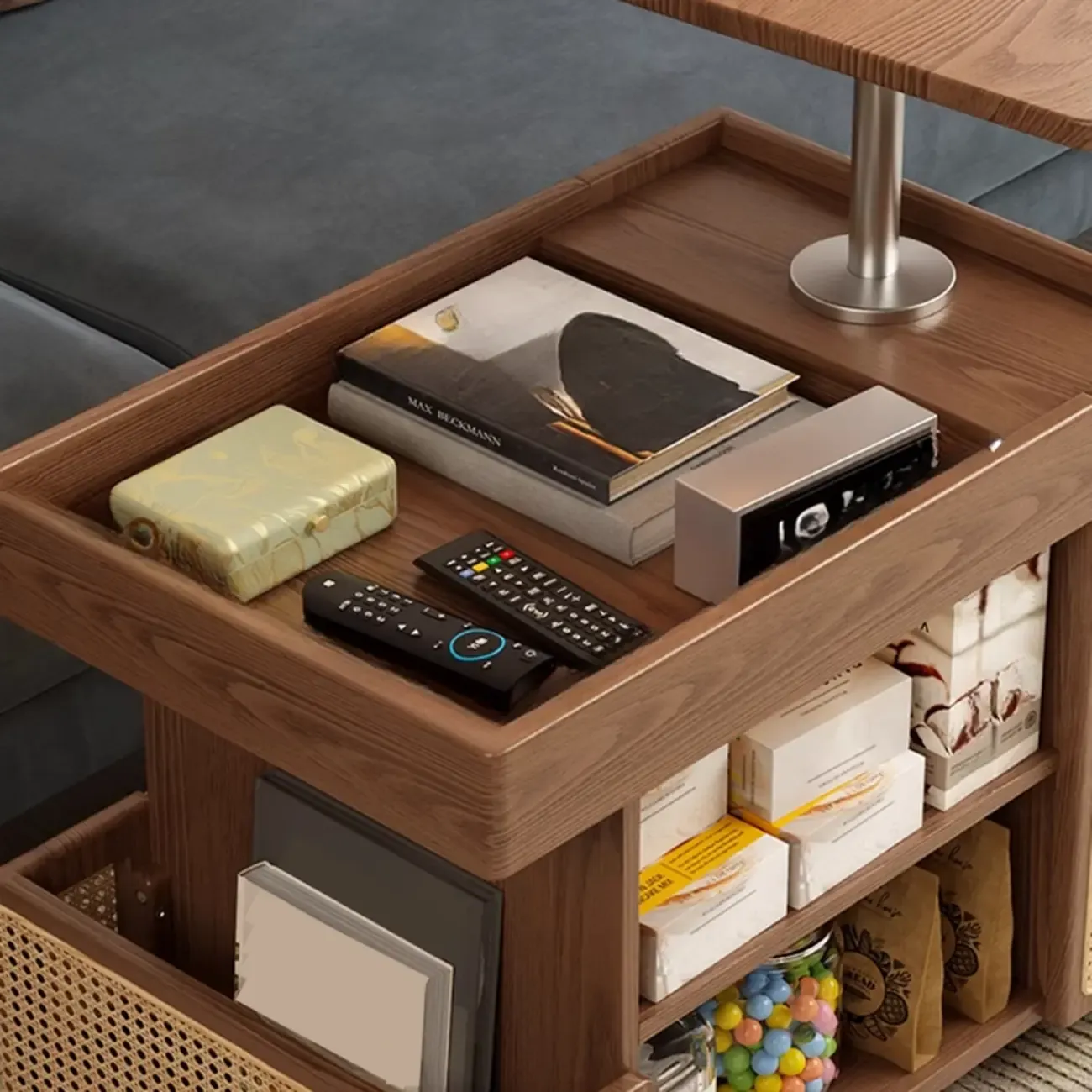 Nut-brown Adjustable Lift Top Wood Trolly Side Table