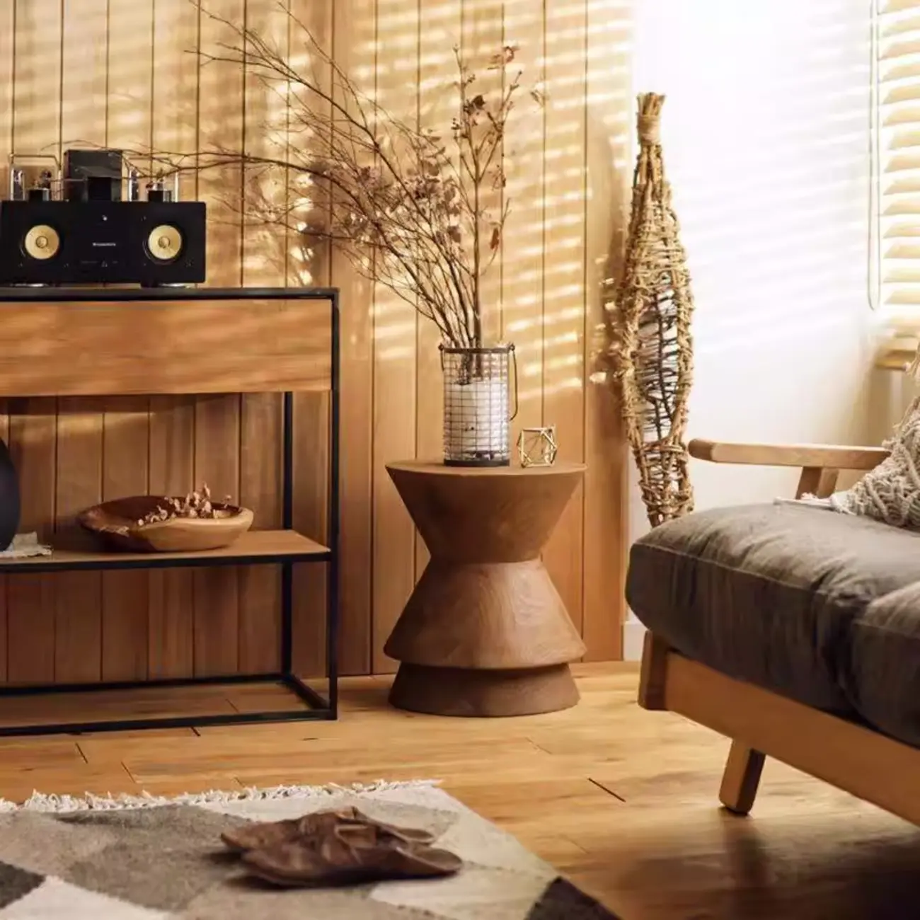 Small Round Modern Pine Wood Side Table with Drum Base