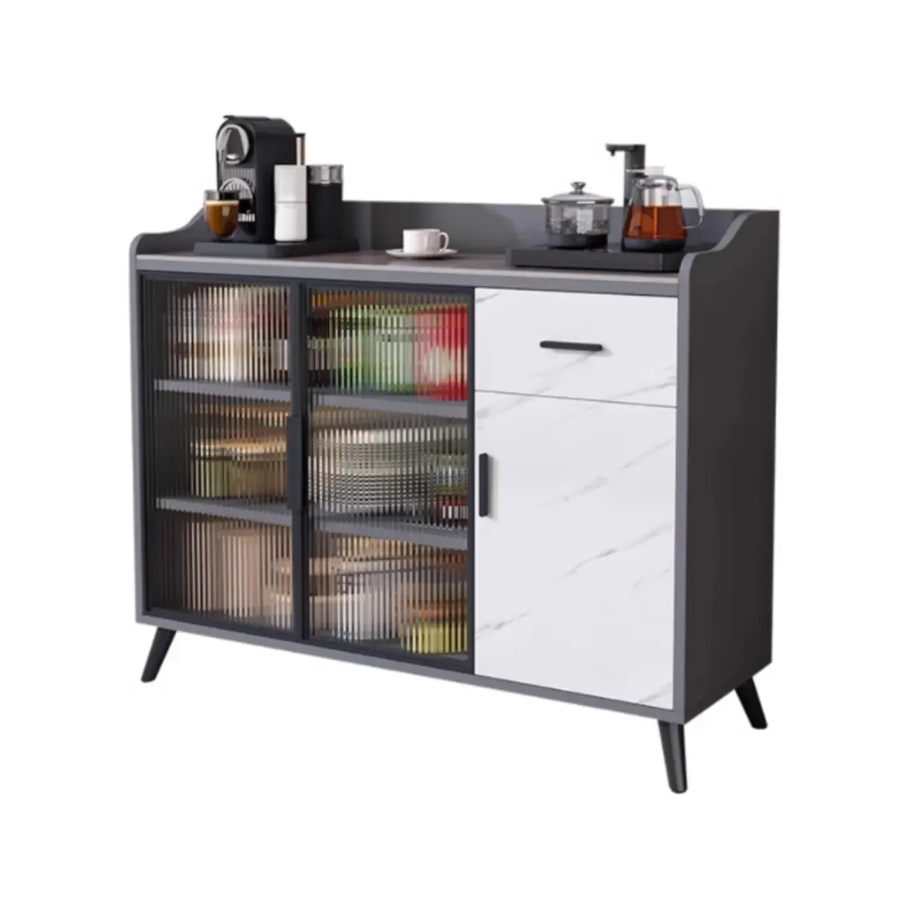 Modish Multi-Compartment Stone-Top Wood Buffet Cabinet