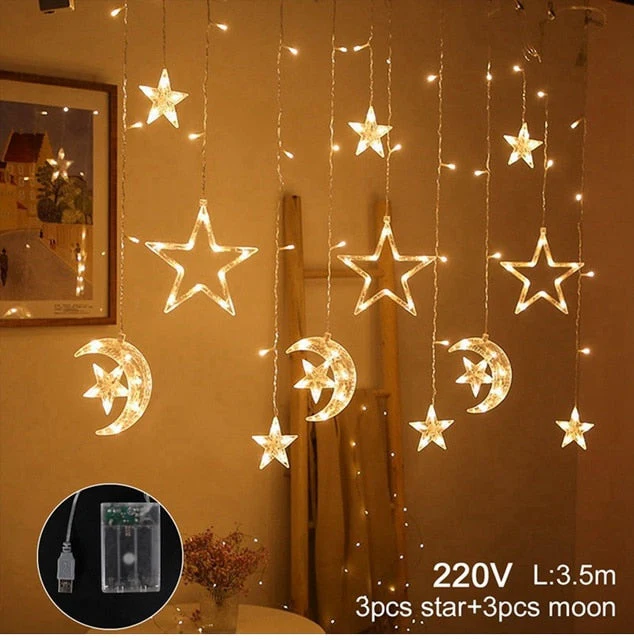 HULIANFU Star Moon Led Curtain Garland String Light Eid Mubarak Ramadan Decoration Islam Muslim Party Decor Eid Al Adha Gift Eid Mubarak - Deanwangkt