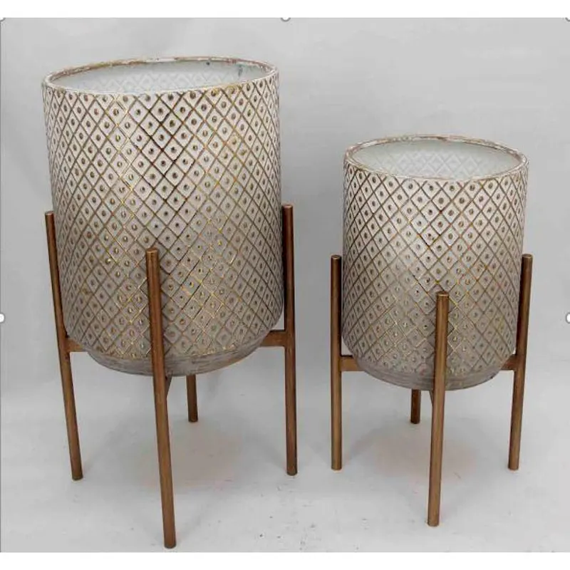 Set Of 2 Antique White With Gold Diamond And Dot Pattern On Metal Legs Plant Stand