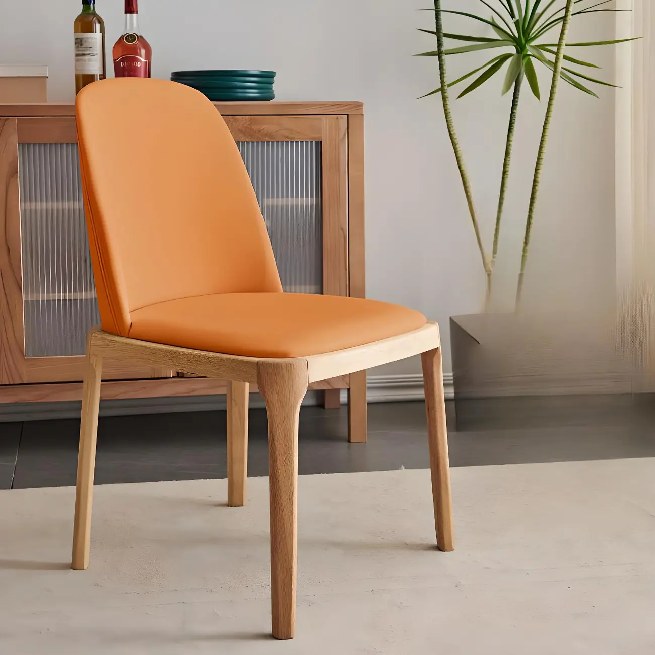 Cream Wood Faux Leather Solid Back Dining Chair