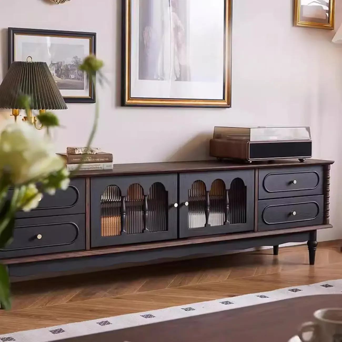 Cable Management Art Deco Wood TV Stand with Drawers