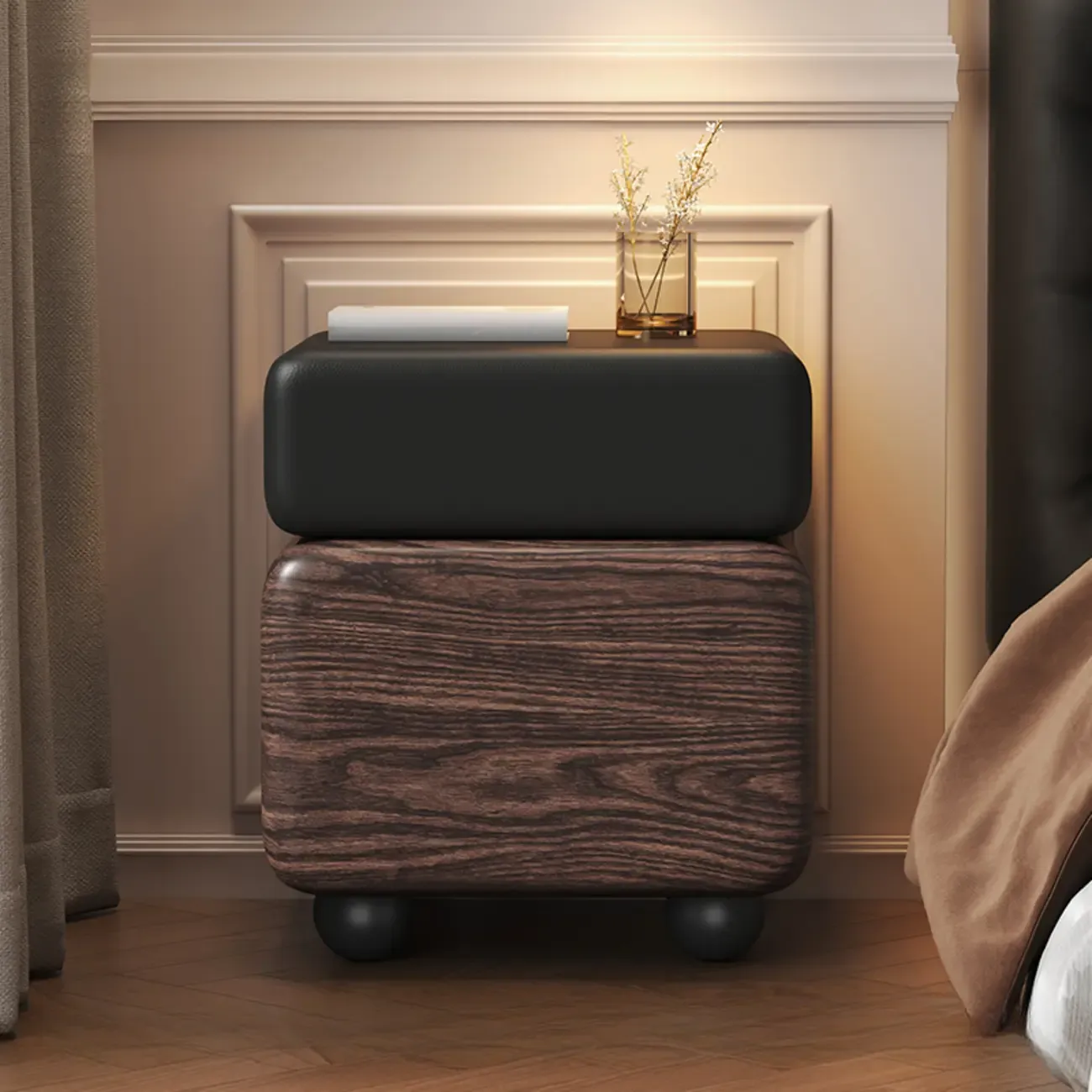 Black Walnut Finish Faux Leather 2-Drawer Nightstand