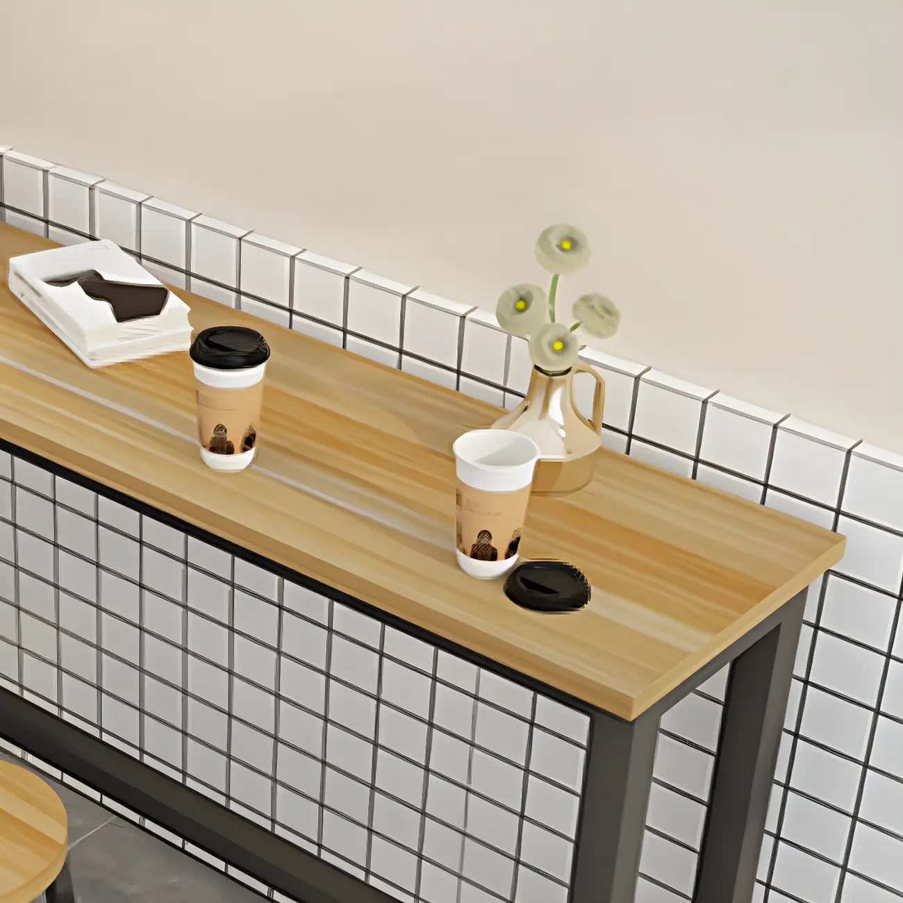 Rectangular Natural Wood Metal Trestle Bar Tables