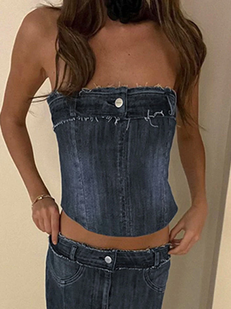 Hulianfu Sexy Denim Skirt Women Set Tube Tops Fur Edge Mermaid Dress Female Streetwear Set Summer Slim Sleeveless Spicy Suits - Deanwangkt