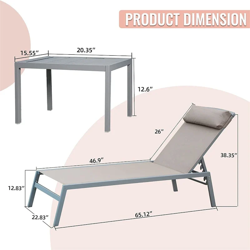 3 Pieces Aluminum Adjustable Pool Lounge Chairs