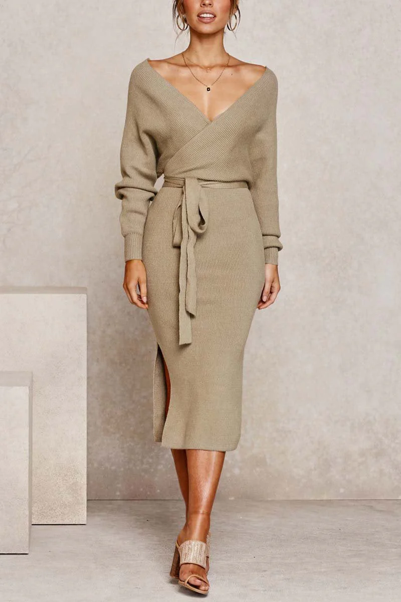 hulianfu hulianfu V Neck Backless Sweater Dress(5 Colors) - Deanwangkt