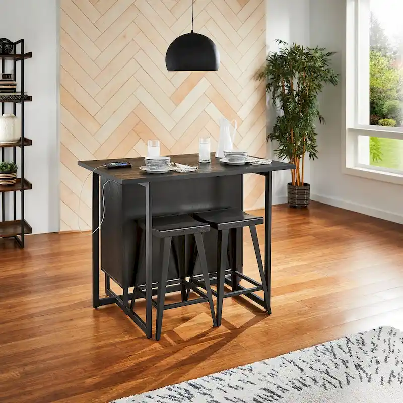 Oyala Black Finish 2-door Kitchen Island with Power and USB outlets and 2 Stools by iNSPIRE Q Modern