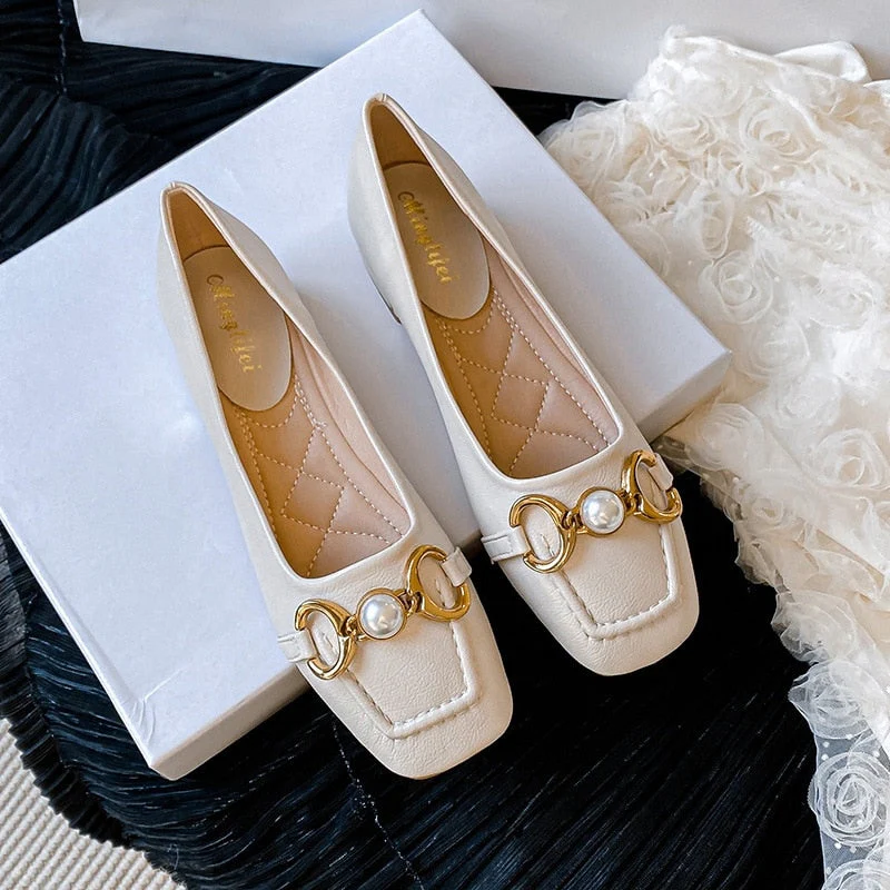 Spring/summer  New brand low heel shoes Fashionable square head pearl design outer wear work women's shoes - Deanwangkt