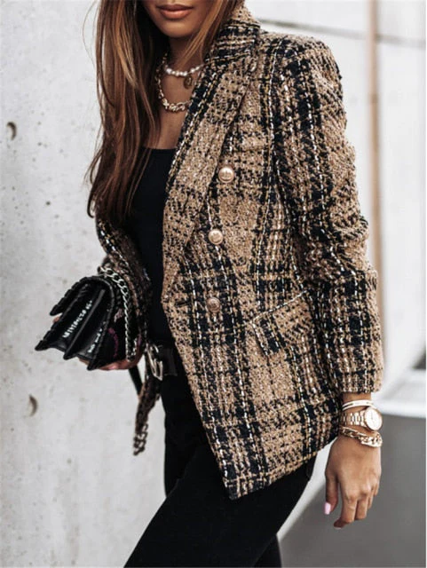 Demaifashion Slim Blazer Women Vintage Print Long Sleeve Button Veste Femme Casual Business Jacket Coat Office Ladies Suits Tops - Deanwangkt