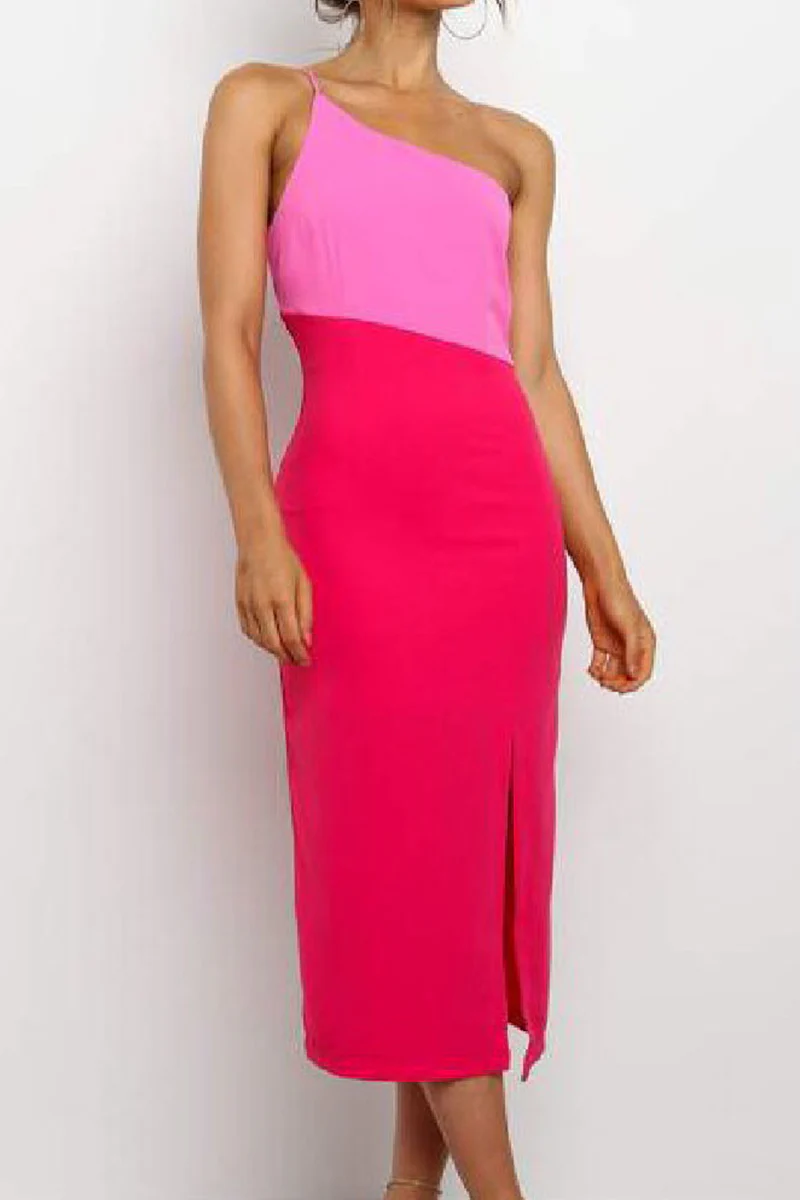 hulianfu Elegant Patchwork Slit Contrast Oblique Collar Pencil Skirt Dresses - Deanwangkt