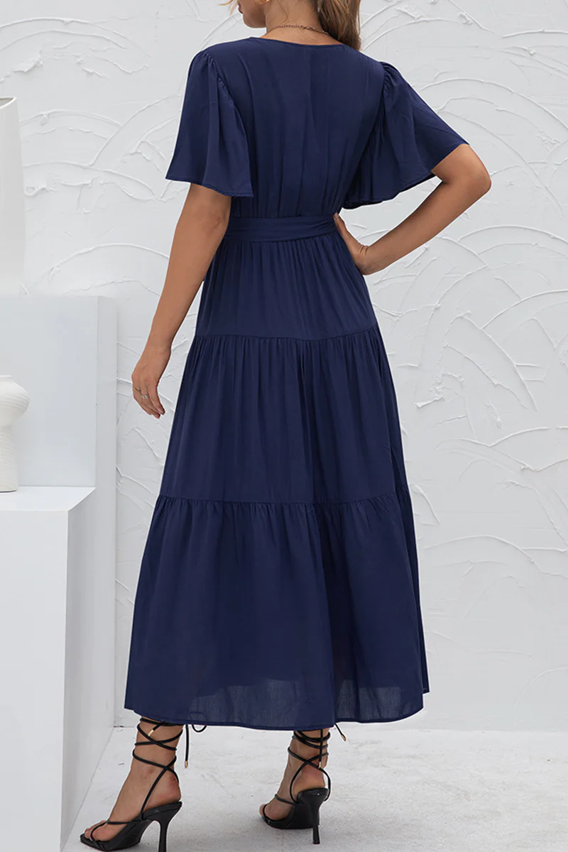hulianfu Elegant Solid Patchwork With Belt V Neck Cake Skirt Dresses - Deanwangkt