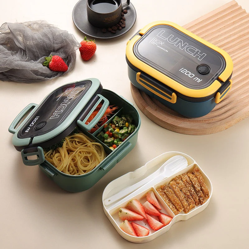 HULIANFU Portable Hermetic Lunch Box 2 Layer Grid Children Student Bento Box with Fork Spoon Leakproof Microwavable Prevent Odor School - Deanwangkt