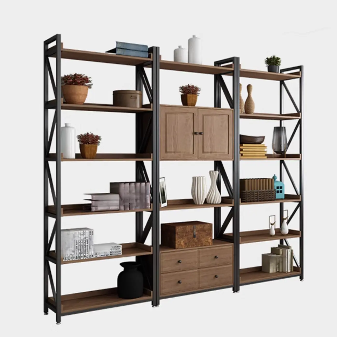 Rustic Brown Metal 6-shelf Open Bookcase with Cabinet