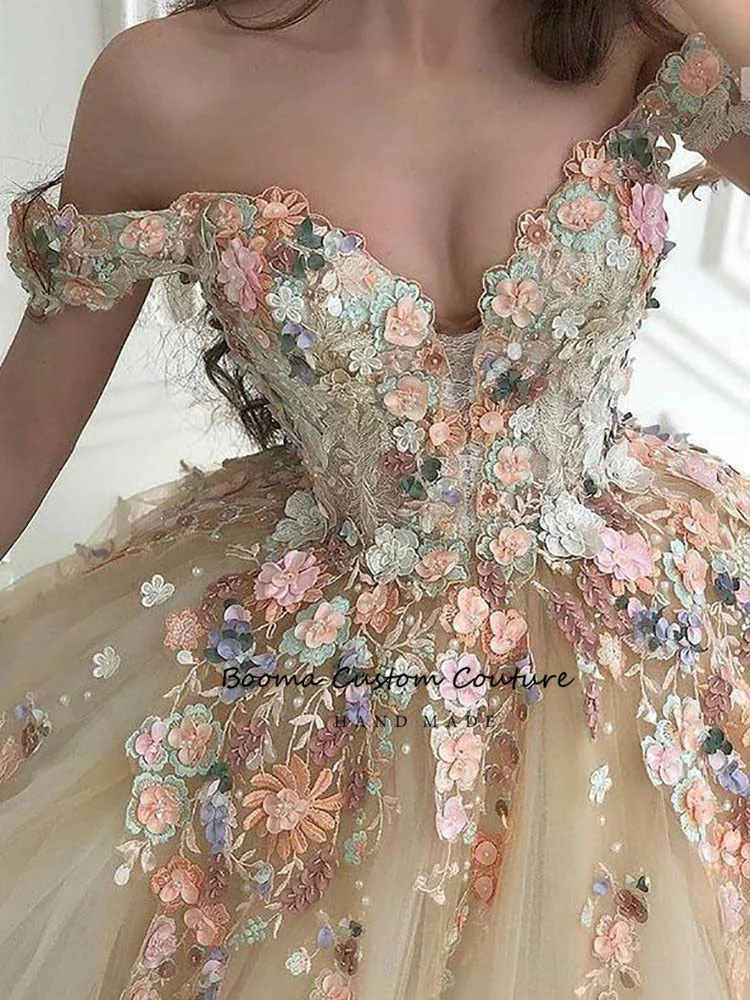 hulianfu  Fairy Ball Gown Princess Prom Dresses Off the Shoulder Sweetheart Floral Appliques Formal Party Dresses Tulle Long Evening Gowns - Deanwangkt