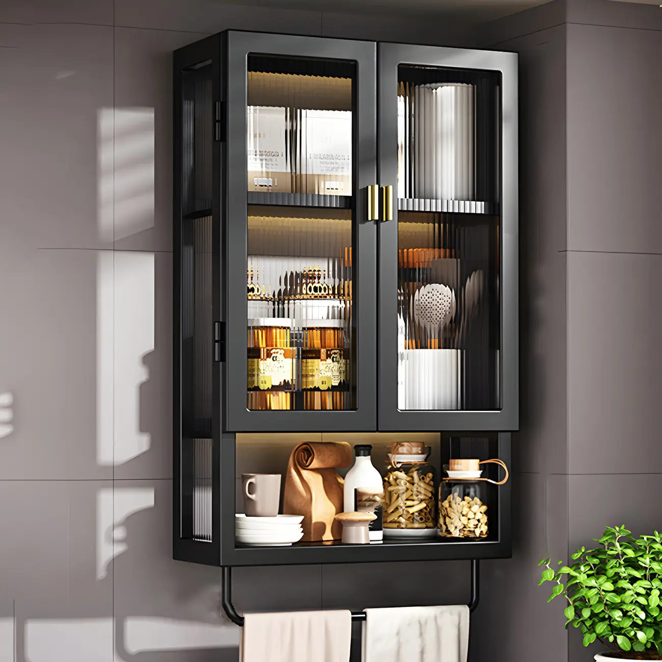 Kitchen Black Modern Metal Floating China Cabinet