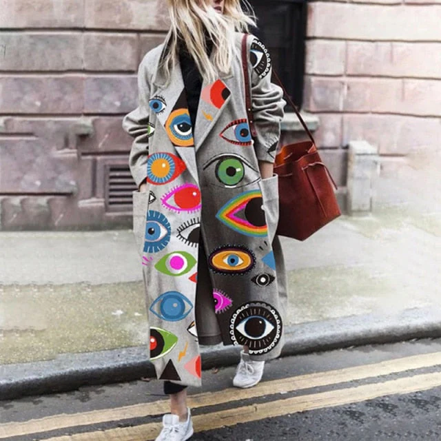 Hulianfu Fashion Casual Long Sleeve Winter Women Warm Jackets Vintage Printed Tweed Long Cardigan New Lady Elegant Lapel Pocket Outerwear - Deanwangkt