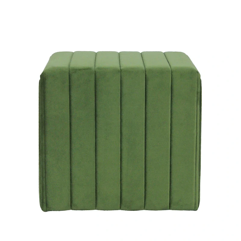 Ada Footstool Ottoman with Channel Tufted Green Velvet, 19 Inch