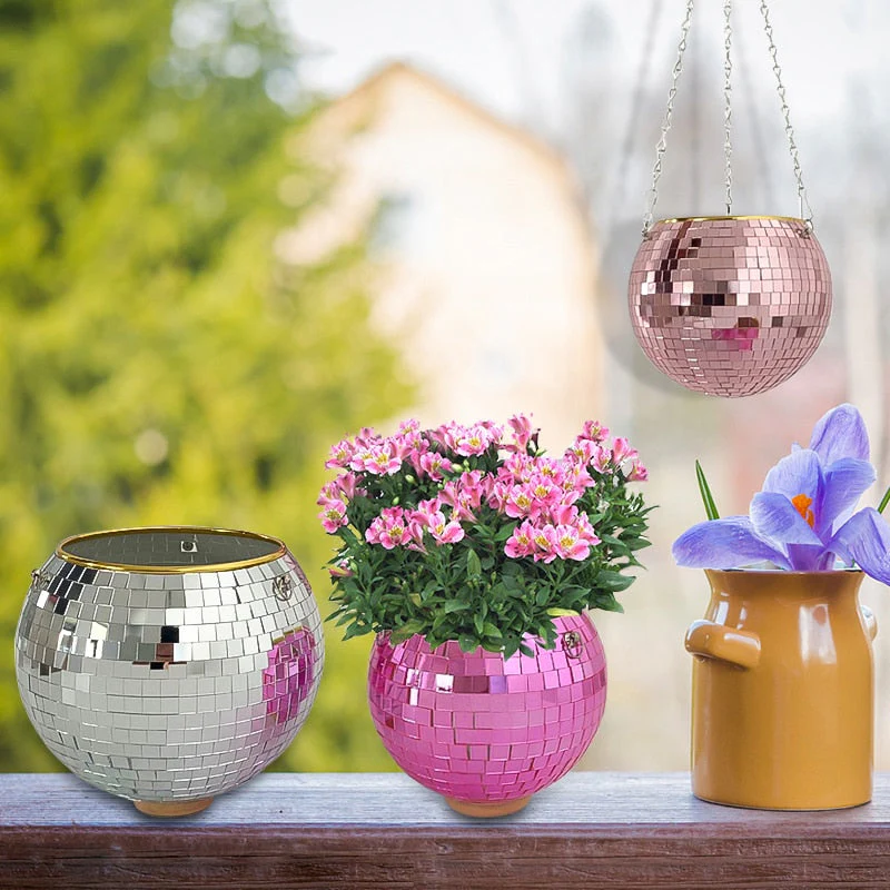 HULIANFU Retro Disco Ball Planter Basket Round Mirror Hanging Pot flower pot Wall Planter Pot Hangin Vase Desktop Decoration Balcony Vase - Deanwangkt