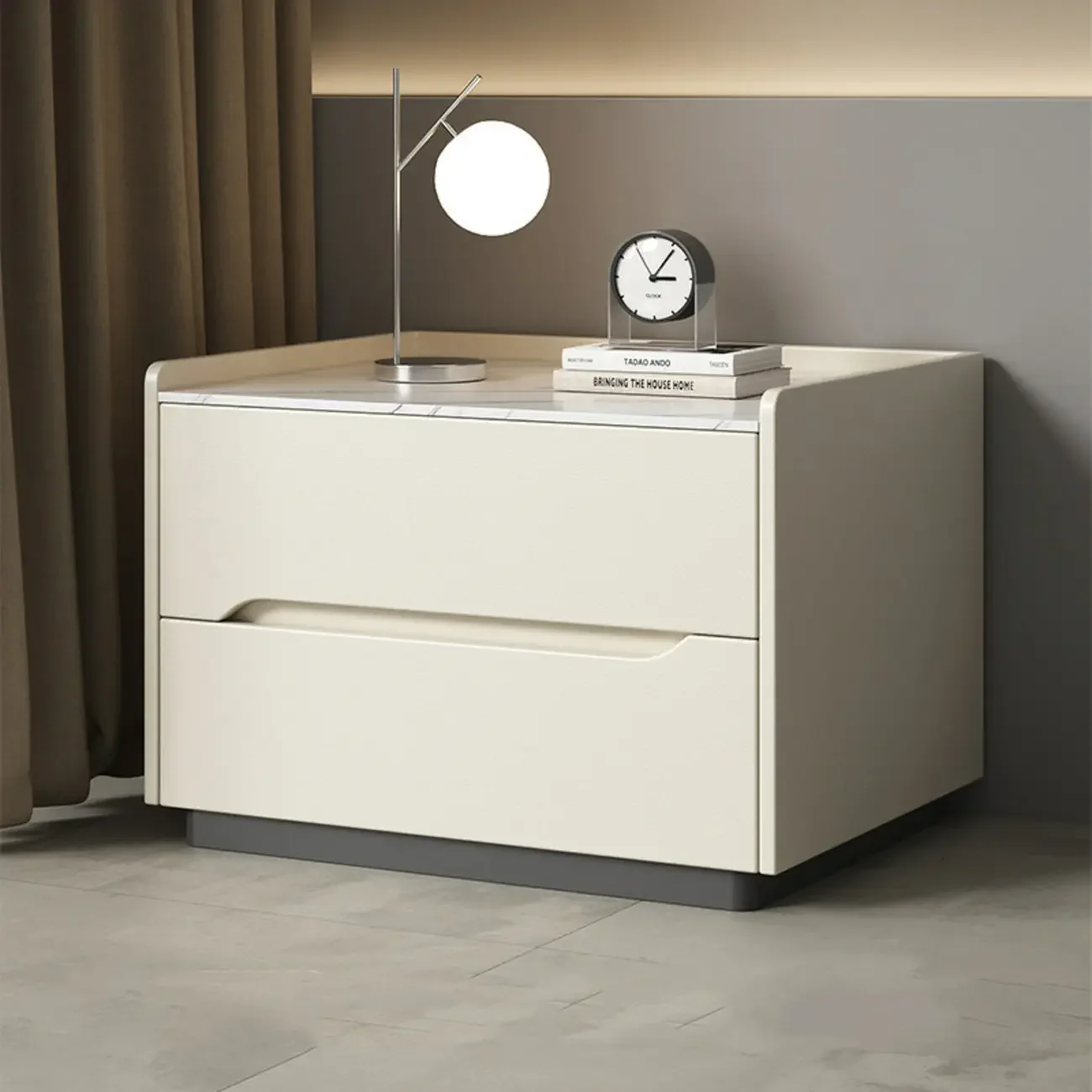 Modern Khaki Leather Stone Top 2-Drawer Nightstand