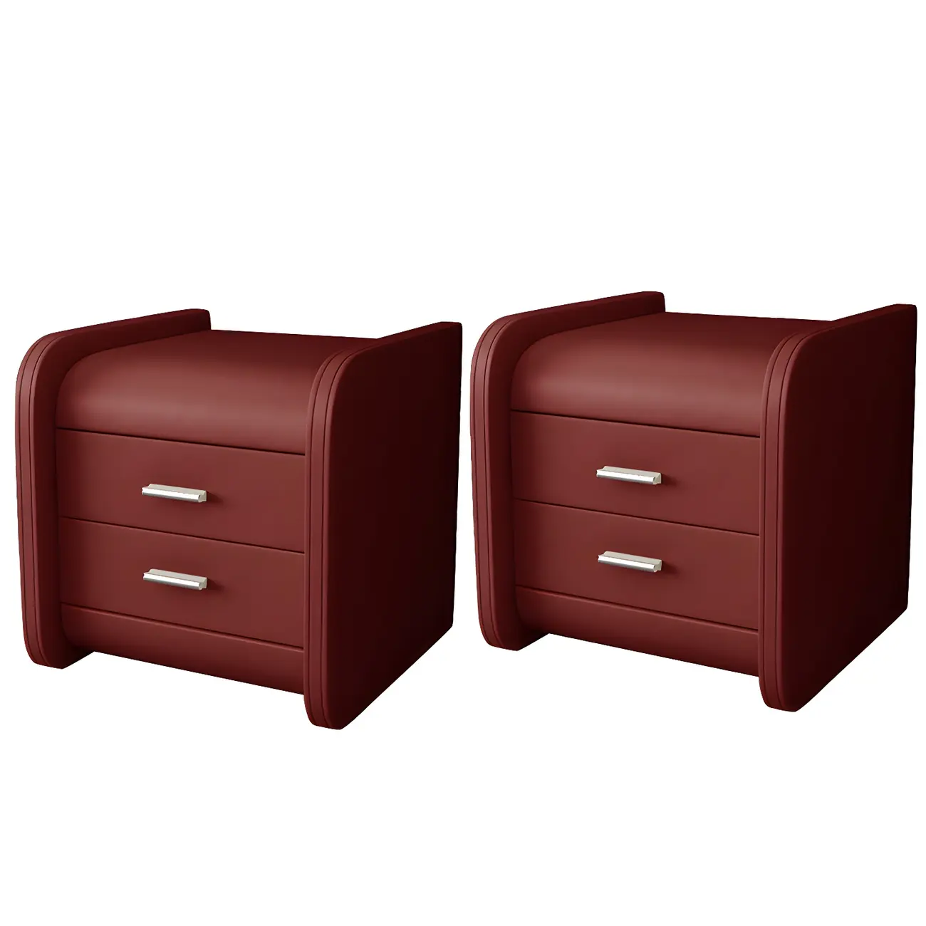 Modern Round Edge Nightstand with 2 Drawers in Beige Leather