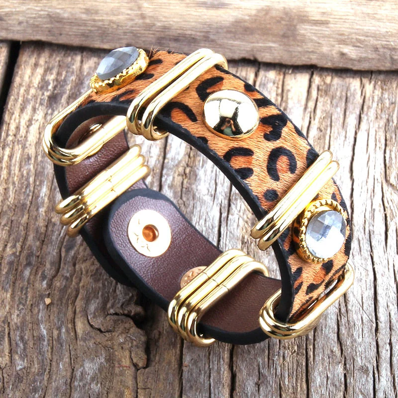 HULIANFU RH Fashion Boho Leather Armbander Goldcolor Metal Rectangle Real Leopard Horsetail Leather Bracelets For Women Gift DropShip - Deanwangkt