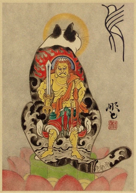 HULIANFU Japanese samurai cat tattoo cat vintage poster wall art sticker painting living room decoration bedroom print picture - Deanwangkt