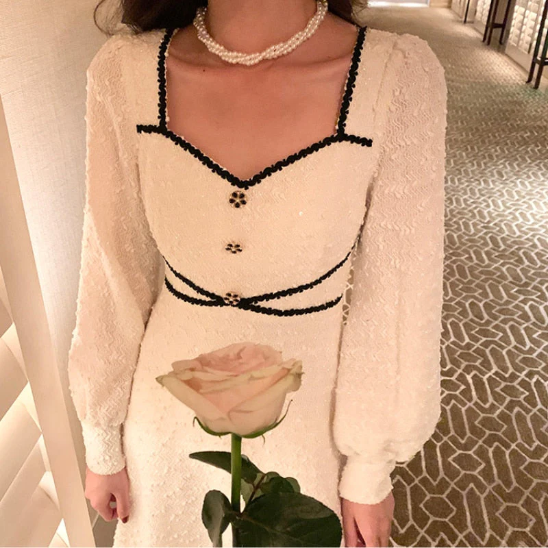 Hulianfu Vintage Button Dresses for Women Fairy Midi Party Dress Evening Office Lady Design One Piece Dress Elegant Korean Spring - Deanwangkt