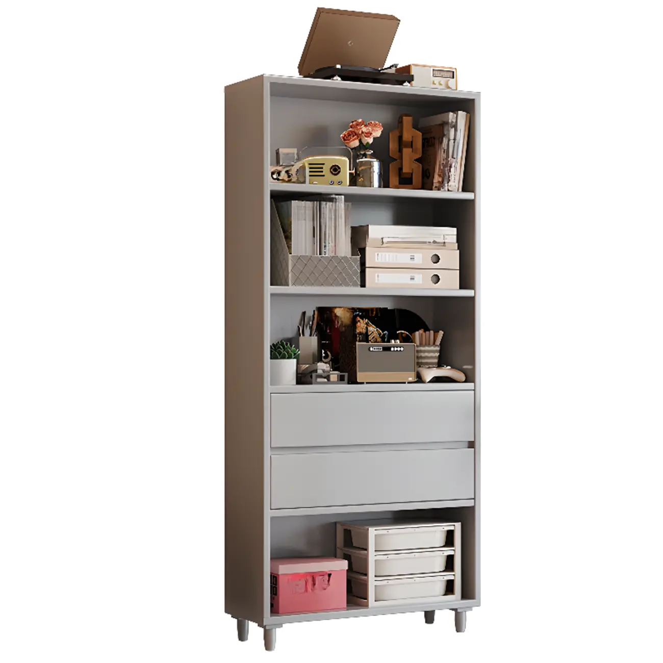 Spacious Versatile Vertical Brown Wood Bookcase with Drawers