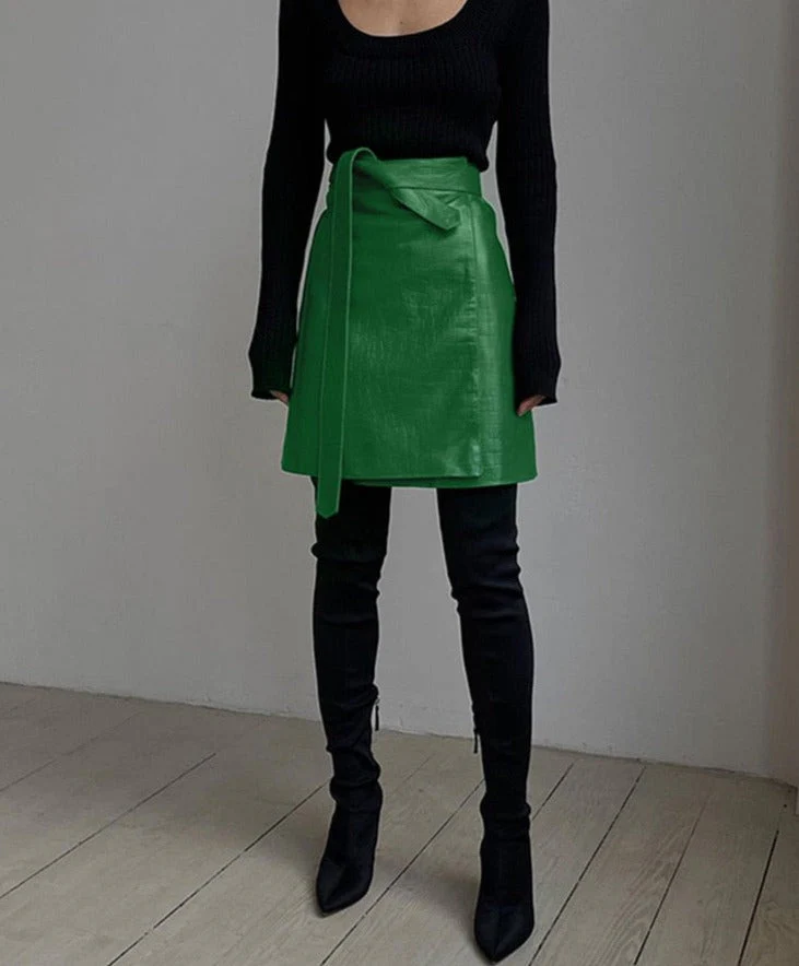 Hulianfu Faux Leather Crocodile Pattern A-Line Skirt Women Fashion Elegant Solid Green High Waist Split Mini Skirts Autumn - Deanwangkt