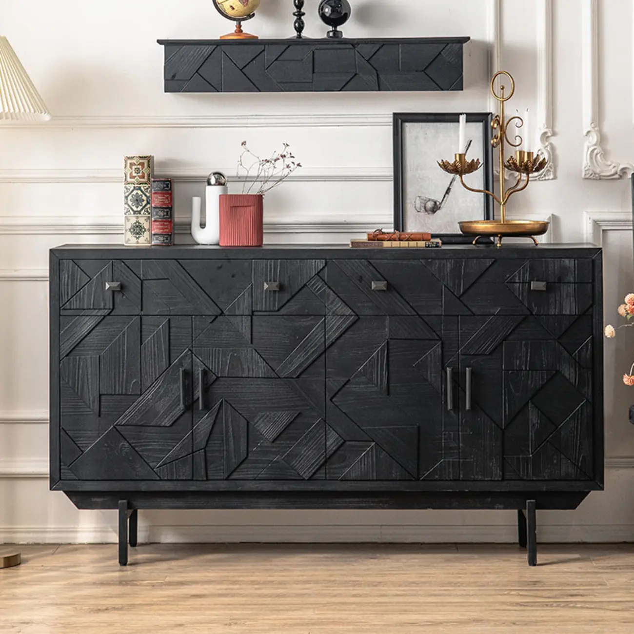 Mid-Century Rectangle Black Distressed Wood Carved Cabinet