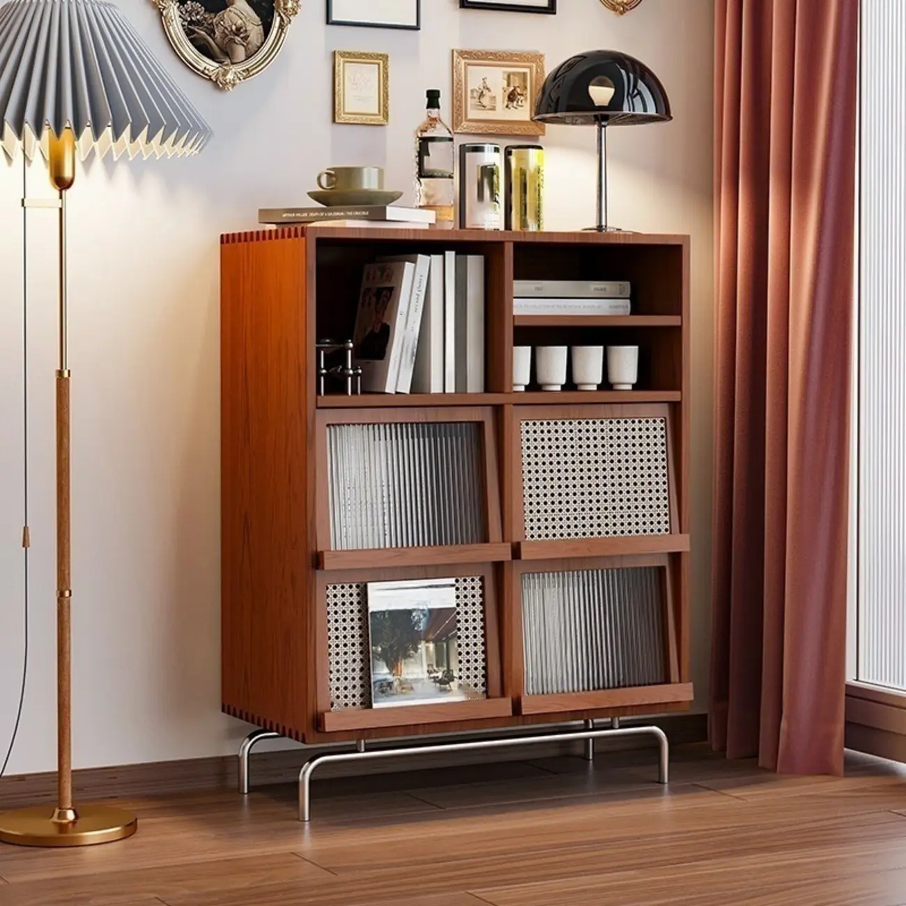 Living Room Brown Wooden Metal Legs Accent Cabinet