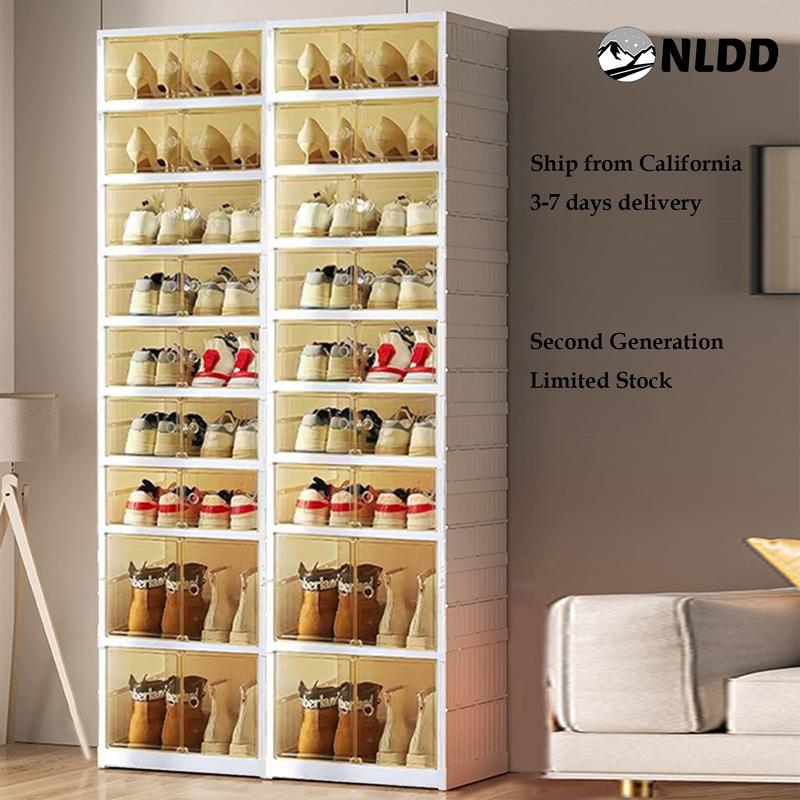 NLDD Expandable 9-Tier Shoe Rack with Clear Doors and Wheels: Collapsible Plastic Storage for 18 Pairs, Space Saving Cabinet for Bedroom Box Boxes