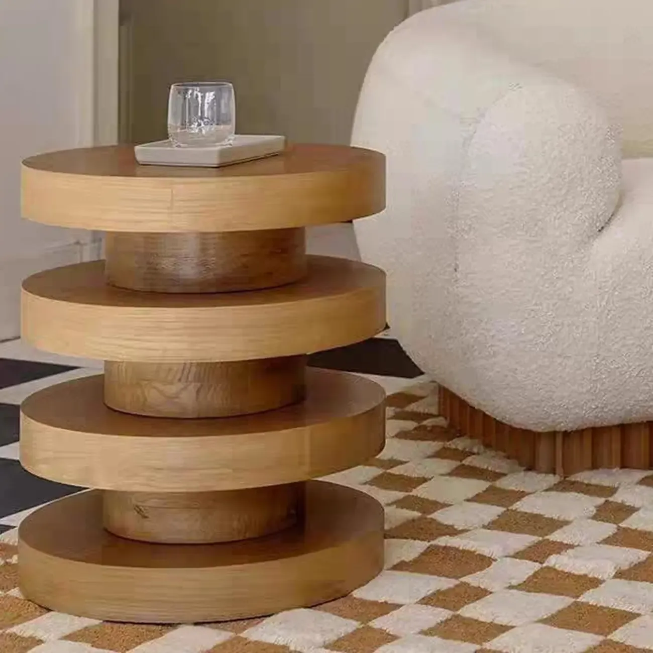 Living Room Black Circular Stacked Wood Side Table