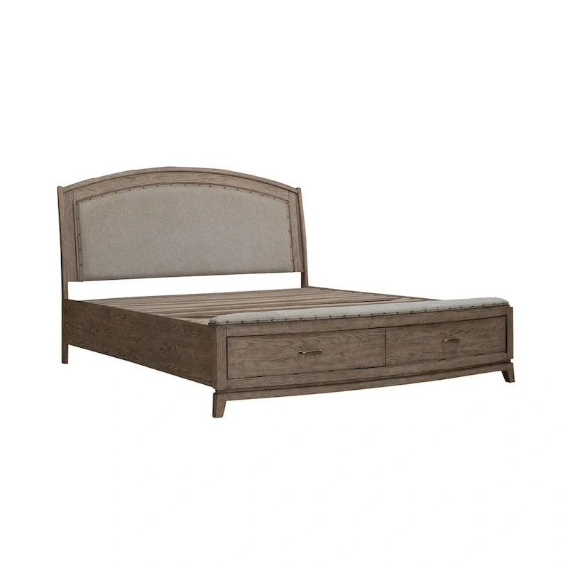 Avalon Burnished Beige Oak Upholstered Storage Bed with Dresser, Mirror, Chest Bedroom Set - King, Queen