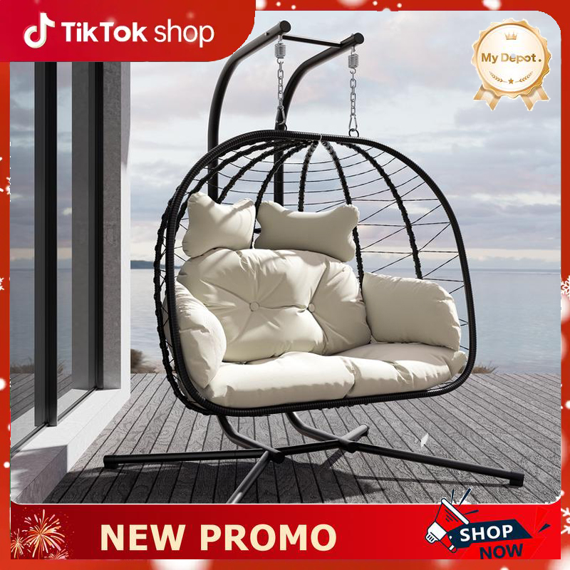 Double Hanging Egg Chair with Cushion, 700lbs Capacity - Foldable Patio Chair with Handwoven PE Wicker & Rust-Proof Frame, for Garden, Porch, Backyard Soft Lounge Swing